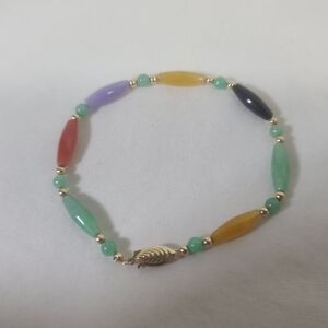 Multicolor Genuine Jade 14k Solid Gold Beaded and Barrel Shape Bracelet 7.5"